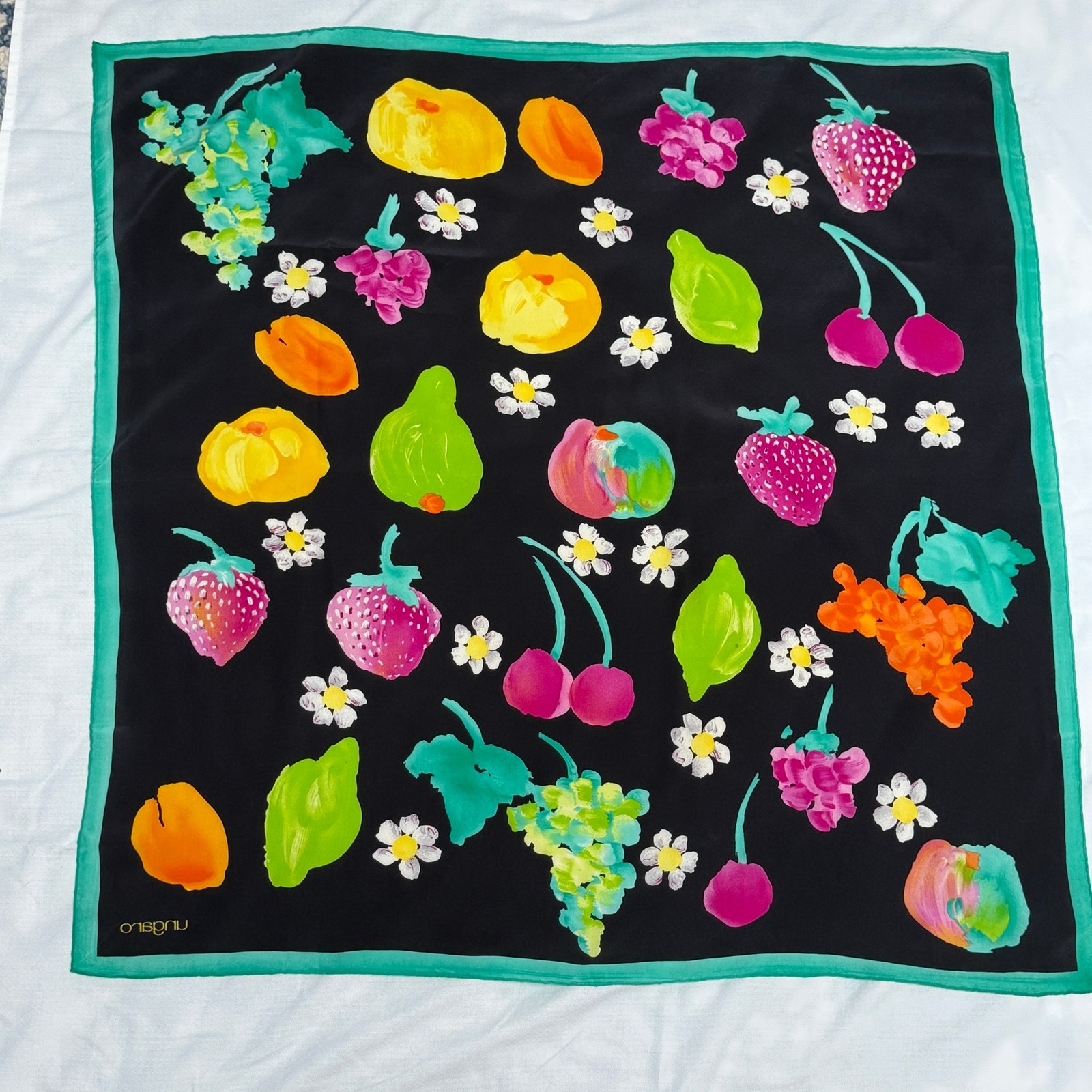Ungaro Vintage Black  Aquamarine Fruit Silk Floral Print  Mint Condition